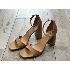 A New Day Nude/Tan Ema Block Heels Open Toe with Ankle Strap Sandal Heels Size 1